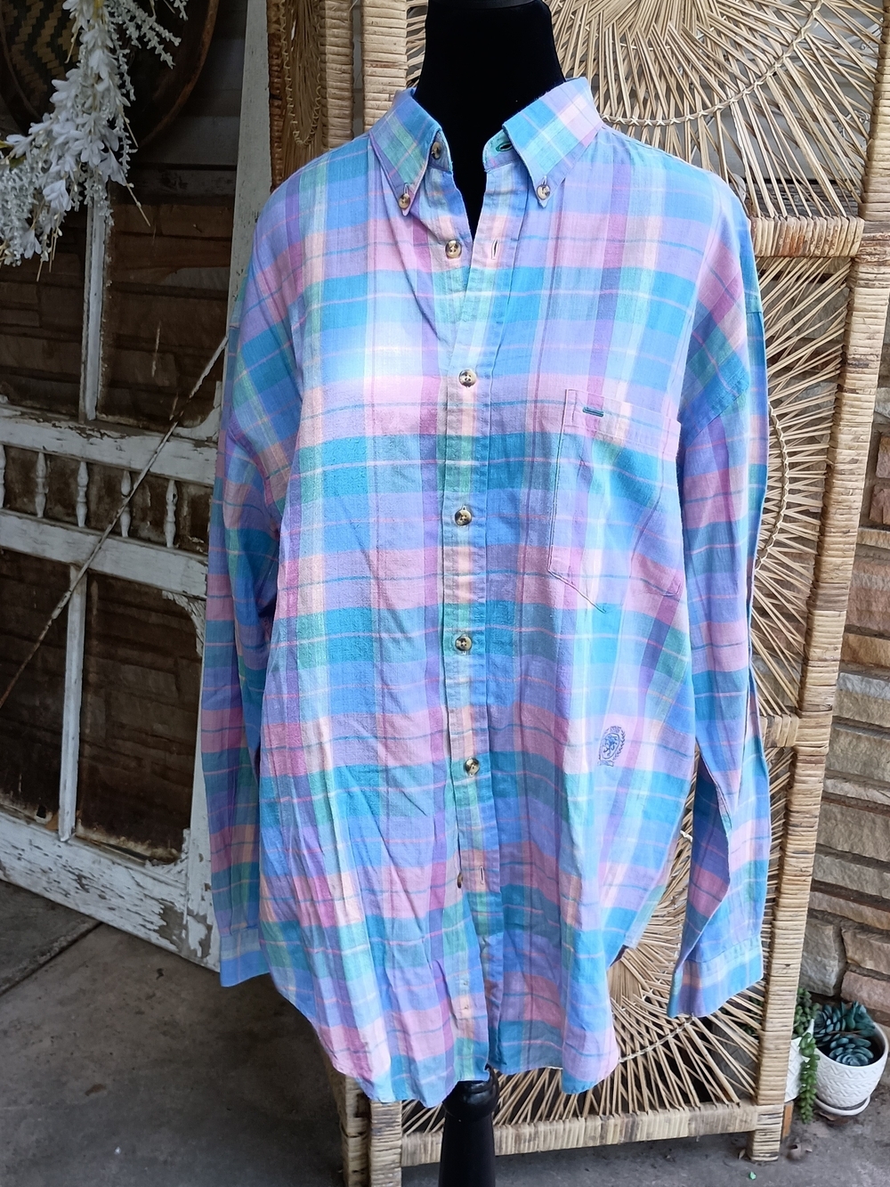 Vintage Tommy Hilfiger Pastel Plaid 100% Cotton Button-Down Shirt - Blue & Pink